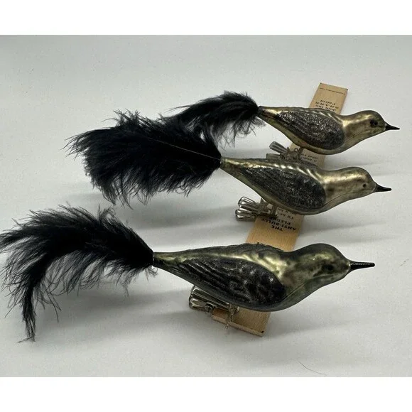 3 Blown Glass Bird Clip On Ornaments Feather Tails Gold & Black Glitter Vintage - Picture 7 of 16
